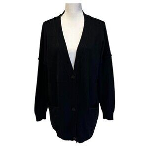 Women's L Deep V Neck Button Down Ribbed Cardigan Knitted Sweater Bat Sleeve